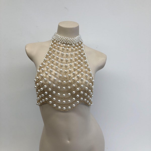 Pearl body chain bra, pearl chest chain, pearl body jewelry, shoulder chains for women, pearl harness, bridal body jewelry, pearl lace
