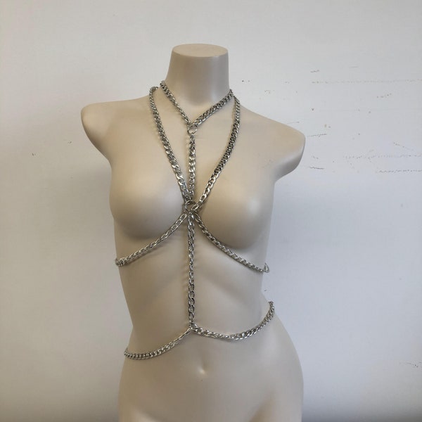 Bra Crystal Glass Silver Chain Bra Bodychain Chain Harness Steampunk Burning Man Goth EDM Rave Wear Bikini Wear Festival