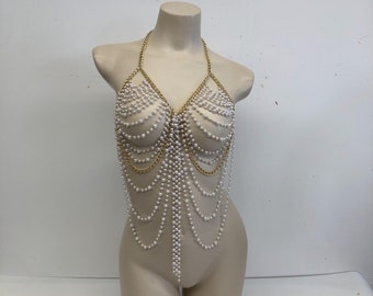 Handmade pearl body Chain,bridal body jewelry,Pearl Body Chain Bra,Shoulder Necklaces Bra, pearl cape, bikini jewelry,wedding jewelry