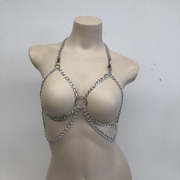 Silver bustier necklace, body jewelry, body chain