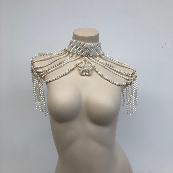 Pearl body chain bra, pearl chain choker layer, pearl body jewelry, shoulder chains for women, pearl sleeve wedding, bridal jewelry