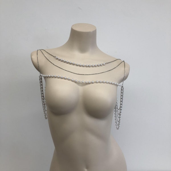 Collier de perles pour femmes, longs colliers de perles pour femmes, chaîne d'épaule de perles, collier de perles blanches, bijoux de corps en perles pour femmes