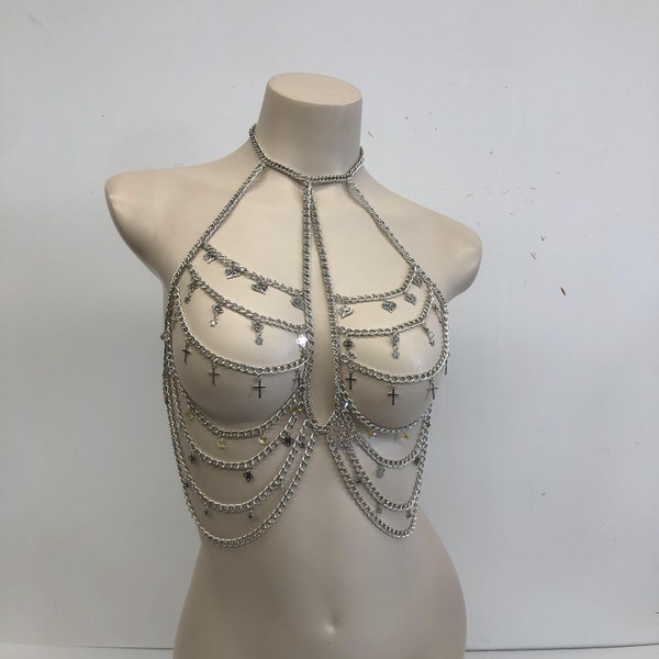 Silver Filled Stainless Steel Layered Body Chain Bralette - Bikini Festival Jewelry, Dainty Body Chain, Adjustable Chain Bra