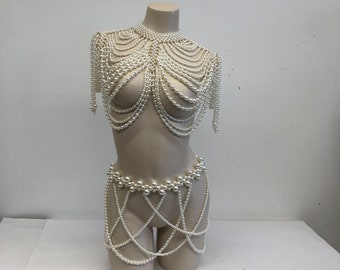Cadena corporal de perlas hecha a mano, joyería corporal nupcial, sujetador de cadena corporal de perlas, sujetador de collares de hombro, capa de perlas, joyería de bikini, joyería de boda