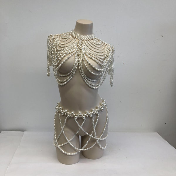 Handmade pearl body Chain,bridal body jewelry,Pearl Body Chain Bra,Shoulder Necklaces Bra, pearl cape, bikini jewelry,wedding jewelry