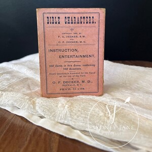 Juego de cartas con personajes bíblicos, con copyright antiguo de 1889. Juego familiar del siglo XIX de Decker A.M. y Decker M.D. Cristiano. Divertido. Nombres. Datos. Trivia.