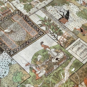 Vintage jaren 60 stof 46" x 5 yards. Doorschijnend. Verre Oosten | India-thema. Groenen. Oranje. Bruin. Modeontwerp en woondecoratie. GRATIS verzending!