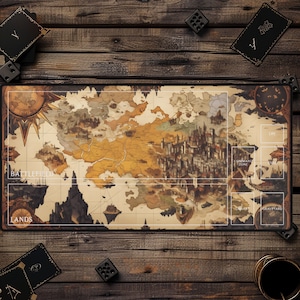 May include: A vintage-style game board with a map featuring a battlefield, lands, a command zone, a library, and a graveyard. The board is made of brown cardboard and has a cream-colored map with brown and gold accents.