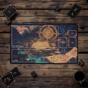May include: A black and white illustrated playing mat for Magic: The Gathering with a fantasy landscape and labeled zones for playing cards. The zones include Battlefield, Lands, Command Zone, Exile, Graveyard, and Library.