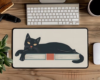 Desk Mat, Cute Cat Decor Lover Bookish Kitty Books Funny Cozy Aesthetic Mouse pad Deskmat Accessories Gaming Pad Office Work Gift for Her