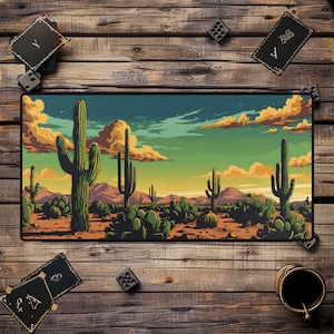 May include: A colorful illustration of a desert landscape with tall green cacti and a blue sky with white clouds. The scene is set against a wooden background with dice and playing cards.