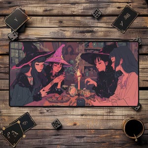 May include: Three women wearing witch hats and dresses are gathered around a table with candles and glasses. The women are all looking at each other and smiling. The table is set with a white tablecloth and there are several glasses of wine on the table. The background is a dark, wooden wall.