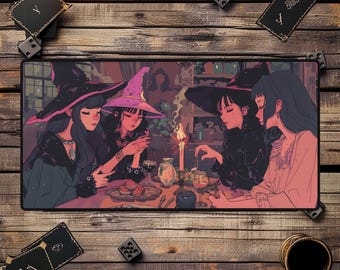 Cute Witches Desk Mat Playmat Dark Whimsigoth Aesthetic Witchy Anime Cozy MousePad Accessories Big Large Games Mat Desk Gifts Gamers Cards