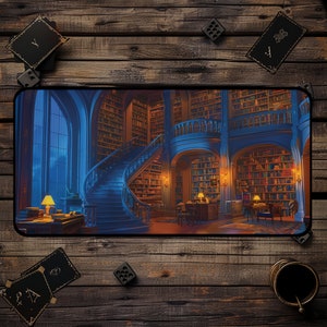 May include: A digital illustration of a grand library with a spiral staircase leading up to a balcony. The library is filled with bookshelves and windows, and there are lamps on tables throughout the room.