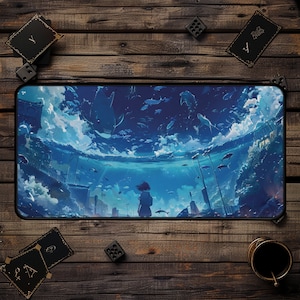Coastal Anime Style Desk Mat, Deep Sea Dolphins Ocean Lover Kawaii Cozy Aesthetic Mouse Pad Desk Accessories Gaming Pad Decor Office Work