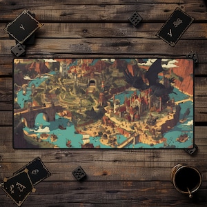 May include: A fantasy-themed game board with a detailed illustration of a medieval city, a bridge, and a black dragon flying overhead. The board is made of a dark brown material and has a light blue border.