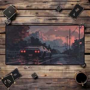 May include: A vintage-style illustration of a silver car driving down a road at dusk. The car has red taillights and is surrounded by trees and power lines. The sky is a vibrant pink and orange.