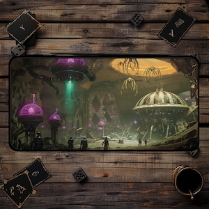 May include: A digital art print featuring a futuristic landscape with flying spaceships, glowing orbs, and a large, dome-shaped structure. The scene is set against a backdrop of a rocky, alien world.
