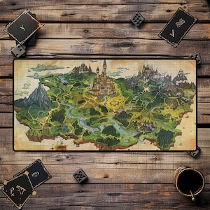 May include: A vintage-style map of a fantasy kingdom with a castle in the center. The map is drawn on parchment paper and features a variety of terrain, including forests, mountains, rivers, and lakes. The map is surrounded by a black frame.