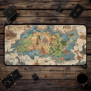 May include: A vintage-style map with a brown background and a blue and green island in the center. The map is surrounded by a wooden frame and has a variety of details, including buildings, trees, and water features.