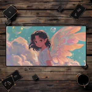 Cute Angel Desk Mat, Wings Fairy Cozy Aesthetic Mouse Pad Accessories Decor Office Big Large Games Mat Deskpad, Gifts for Gamers, Cards