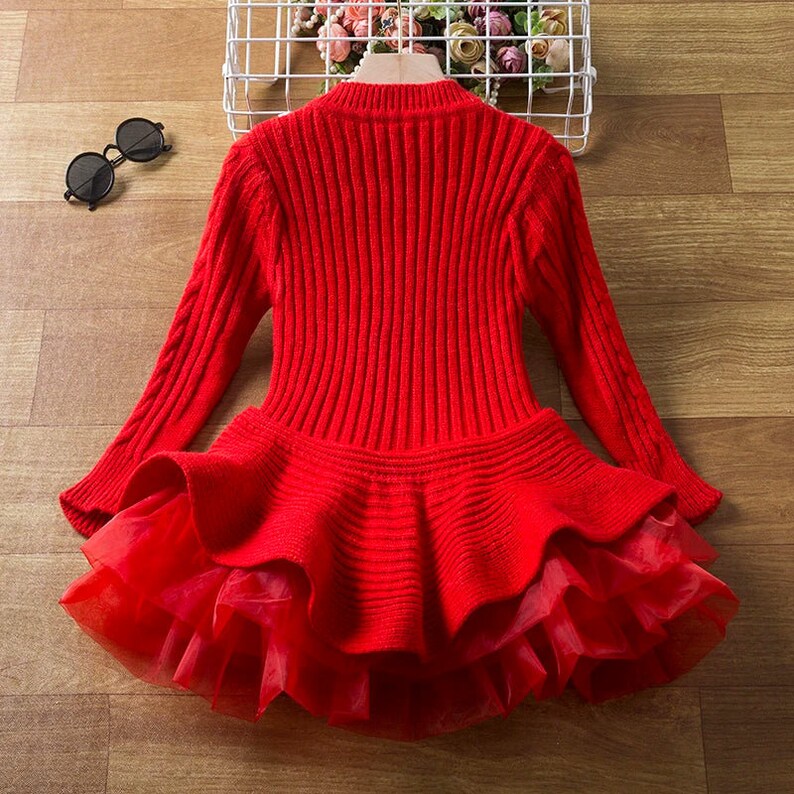 Autumn/winter Girl Dress Long Sleeve Warm Knitted Sweater Kids Red