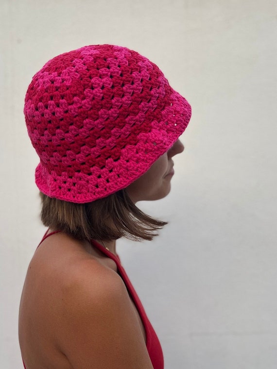 Handcrafted Pink and Red Crochet Hat Handmade Crochet Bucket Hat: Red & Pink Checkered Festival  main image 2