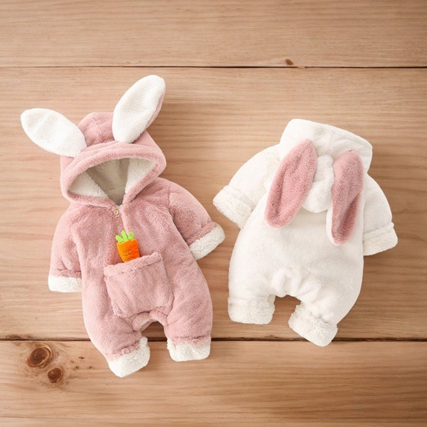 Bunny Romper/All-in-One/Pramsuit met voorzakje en wortel - Baby Animal Outfit, Baby Easter Outfit, Bunny Outfit voor pasgeborenen