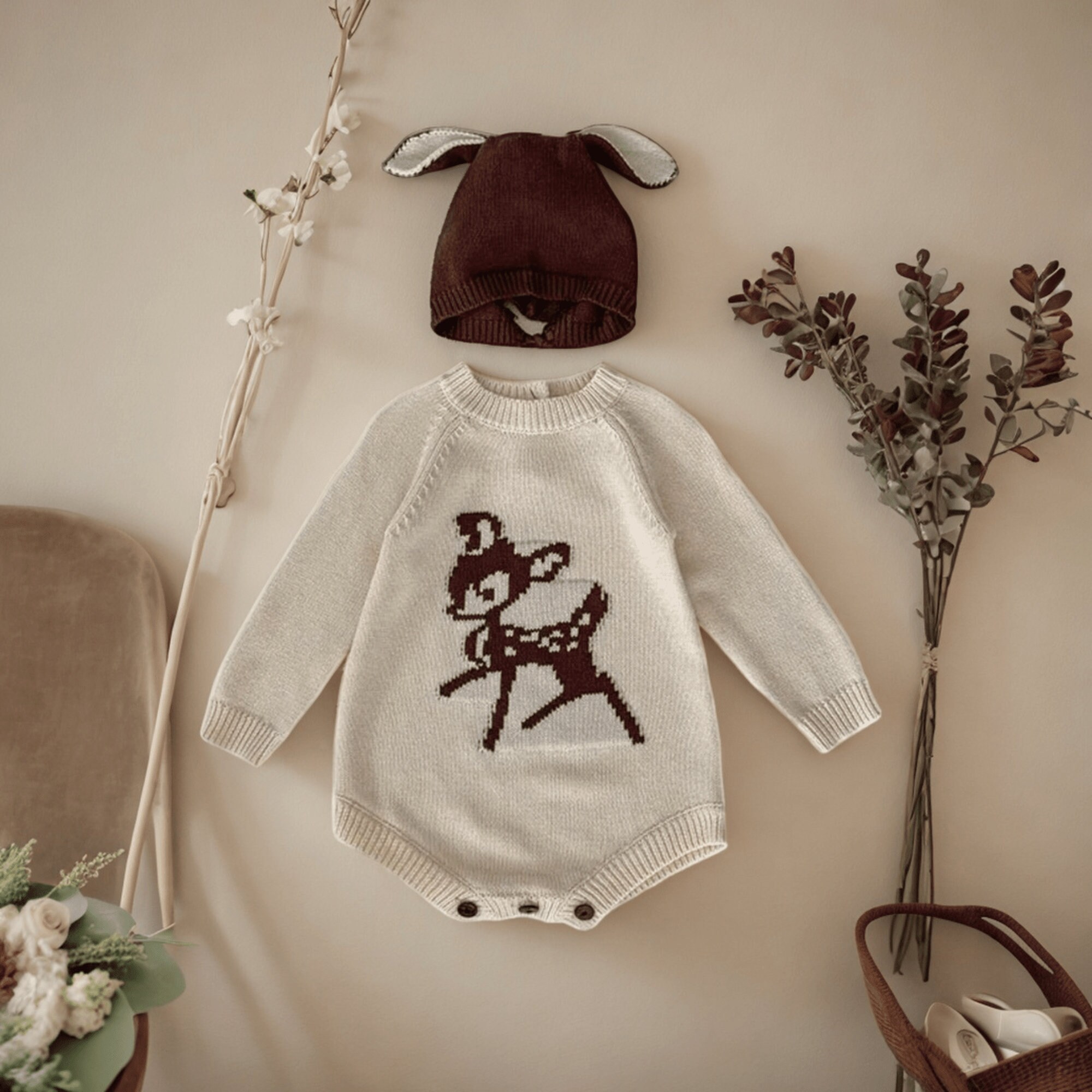 Knitted baby deer outfit hotsell