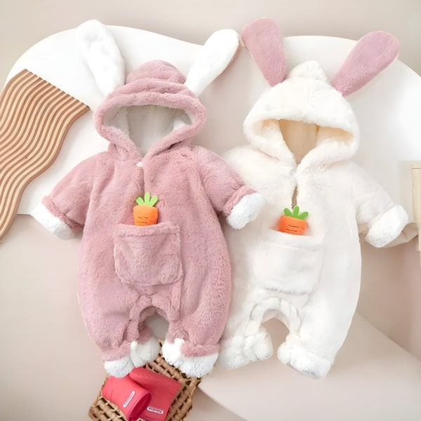 Bunny Romper/All-in-One/Pramsuit with Front Pouch and Carrot - Baby Shower Gift - Baby Winter Clothes - Snowsuit - For Babies and Toddlers