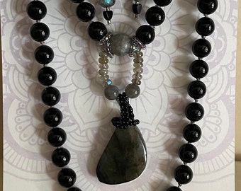 SOLD** Handcrafted Onyx and Labradorite Beaded Mala Necklace- Artisanal Elegance