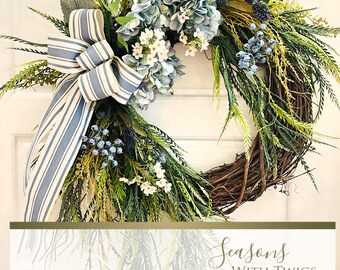 Rustic Muted Cornflower Blue Hydrangea Blueberry Farmhouse  Spring - Summer Wreath