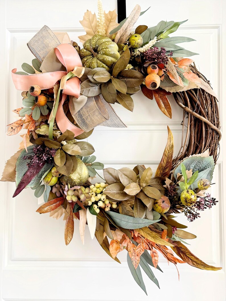 New Farmhouse Wreath for Front Door - Autumn Grapevine With Green ...