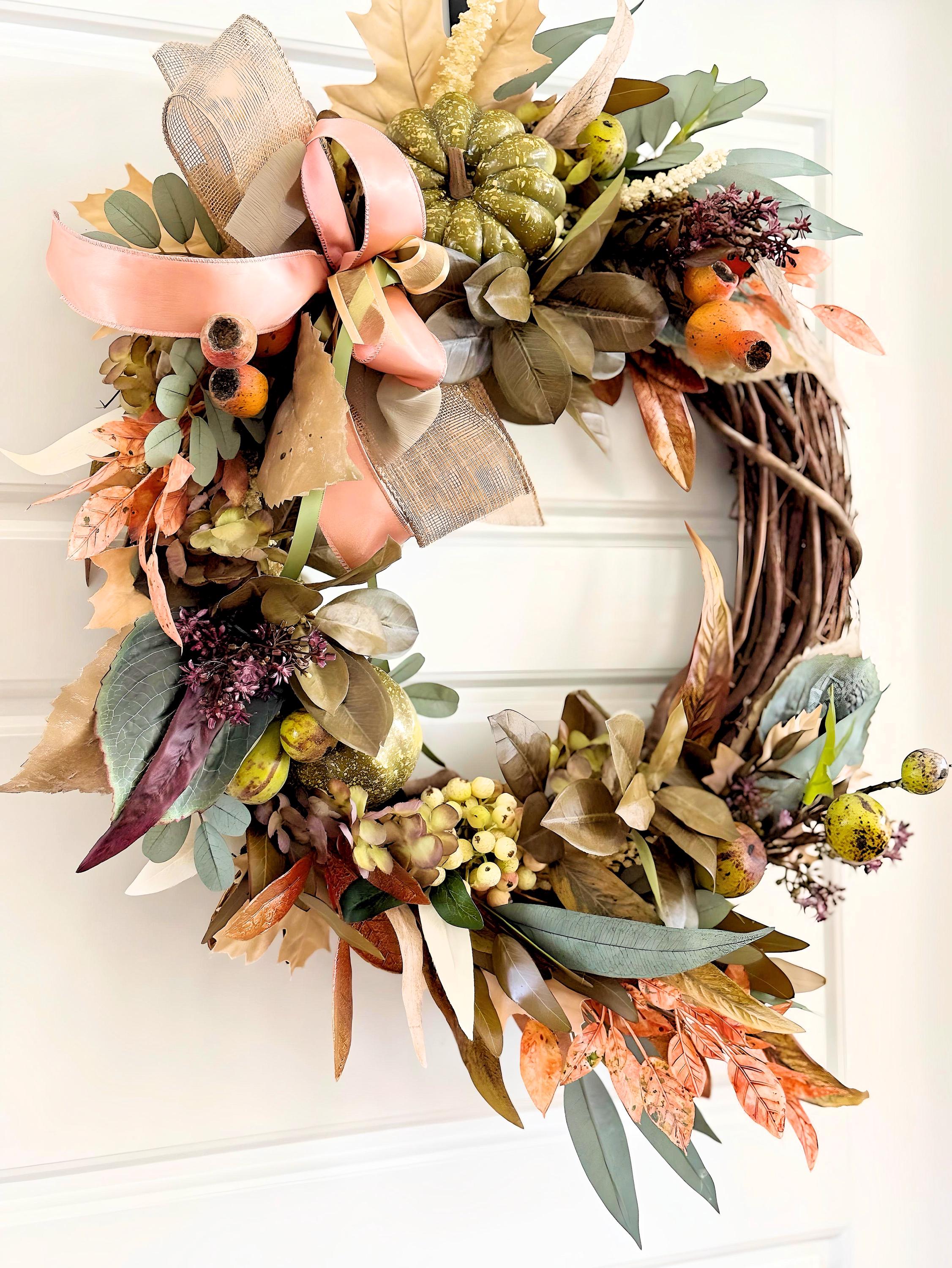 New Farmhouse Wreath for Front Door - Autumn Grapevine With Green ...