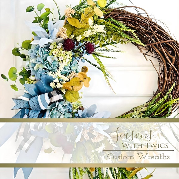 Rustic Corn Flower Blue Hydrangea  Spring - Summer Wreath