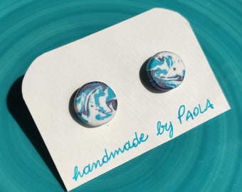 polymer clay earrings, stud earrings, small and simple, blue, light blue and white colors, handmade, gift for girlfriend