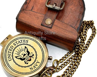 United State Navy Beautiful Design Pocket Antique Compass With Leather Case Gift For Men, Gift For US Navy Men, Anniversary Gift Christmas