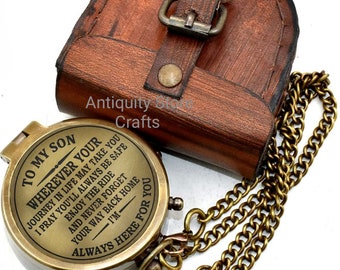 To My Son Whenever You....I'M Always Here For You Antique Compass With Leather Case Best Gift For Son Birthday Gift Graduation Day Gift