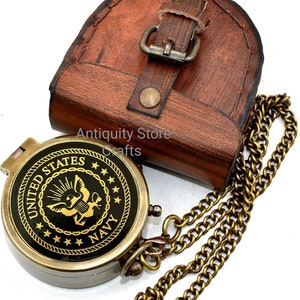 United State Navy Beautiful Black Engraved Design Antique Compass With Leather Case Gift For US Navy, Gift For Men, Anniversary Gift Compass