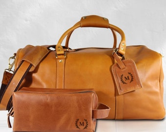 Personalized Leather Duffle Bag & Toiletry Bag Set: Handmade Travel Gift