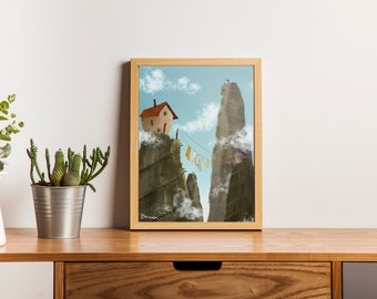 Wall art illustration for children, light colors, friendly atmosphere, mountains and clouds, peaceful
