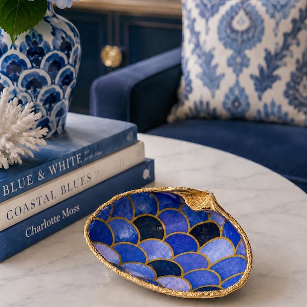 Hand Decoupage Clam Shell Ring Dish | Mermaid Tail Print, Gold Gilded Edge, Coastal Decor