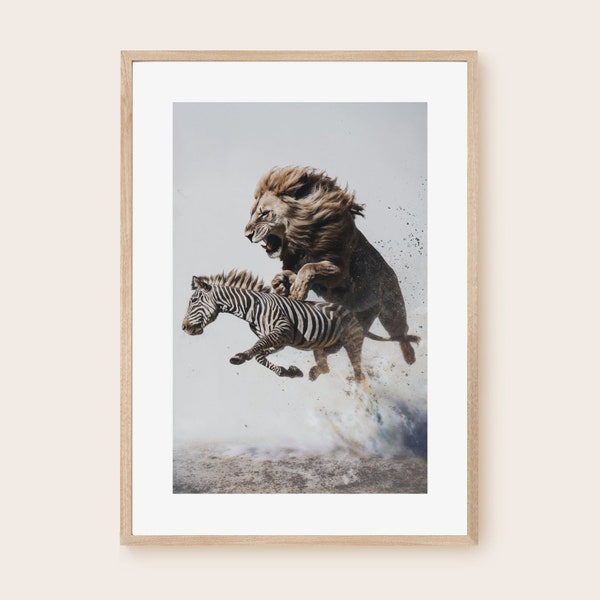 Affiche animaux, nature. Le lion et le zèbre