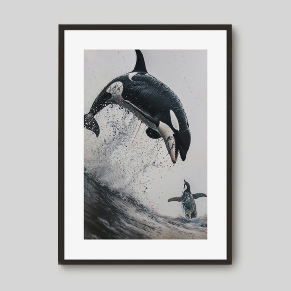 Affiche animaux, nature. L'orque et le manchot