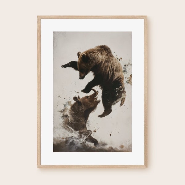 Affiche animaux, nature. L'ours et le sanglier