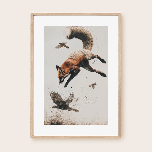 Affiche animaux, nature. Le renard et le faisan
