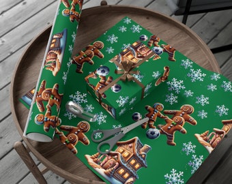 Gingerbread Family Playing Soccer with Snowflakes and a Gingerbread House Gift Wrap Papers
