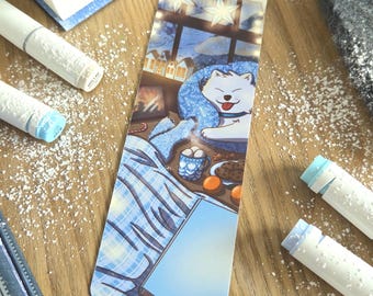 Cozy winter bookmark for book lovers | Winter bookmark cute dog, book, tea, plaid | Book lover gift | Winter cute hygge, cozy bookmark