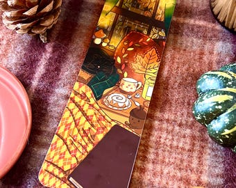 Cozy autumn bookmark for book lovers | Fall bookmark cute cat, book, tea, plaid | Book lover gift | Autumn cute hygge, cozy bookmark