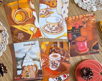 Recipe illustration card | Cozy warm drinks | Hygge gift winter | Hot chocolate, tea, coffee, latte | Postal card with recipe | Cozy card